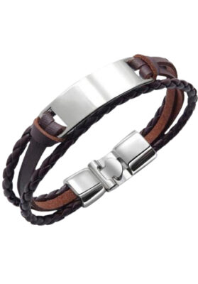Men’s braided leather bracelet with stainless steel plate and clasp.
