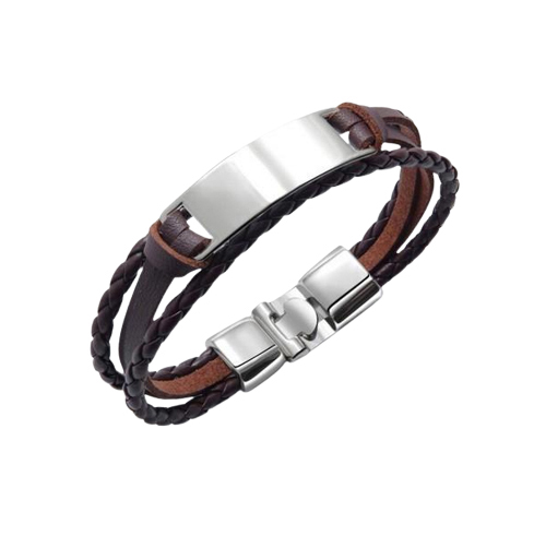 Men’s braided leather bracelet with stainless steel plate and clasp.