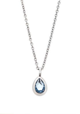 Elegant silver necklace with a teardrop-shaped blue gemstone pendant.