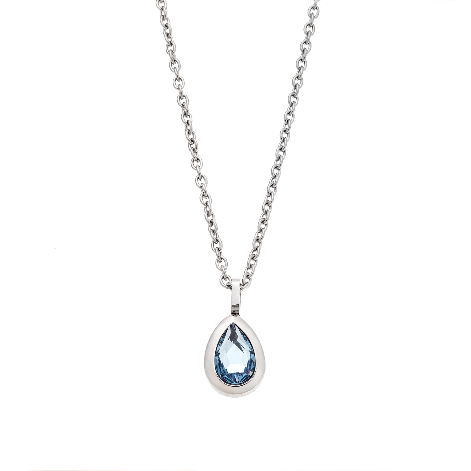 Elegant silver necklace with a teardrop-shaped blue gemstone pendant.
