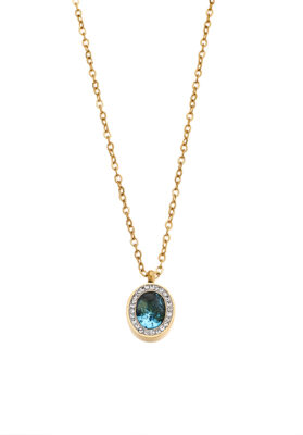 Gold necklace with an oval blue gemstone pendant and crystal accents