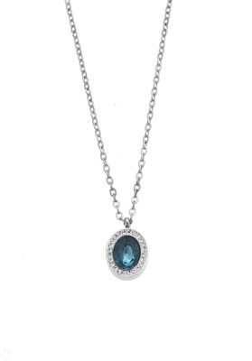 Silver necklace with a radiant blue gemstone and crystal accents