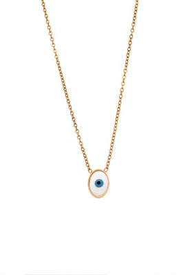 Gold evil eye pendant necklace with a blue enamel charm and adjustable chain.