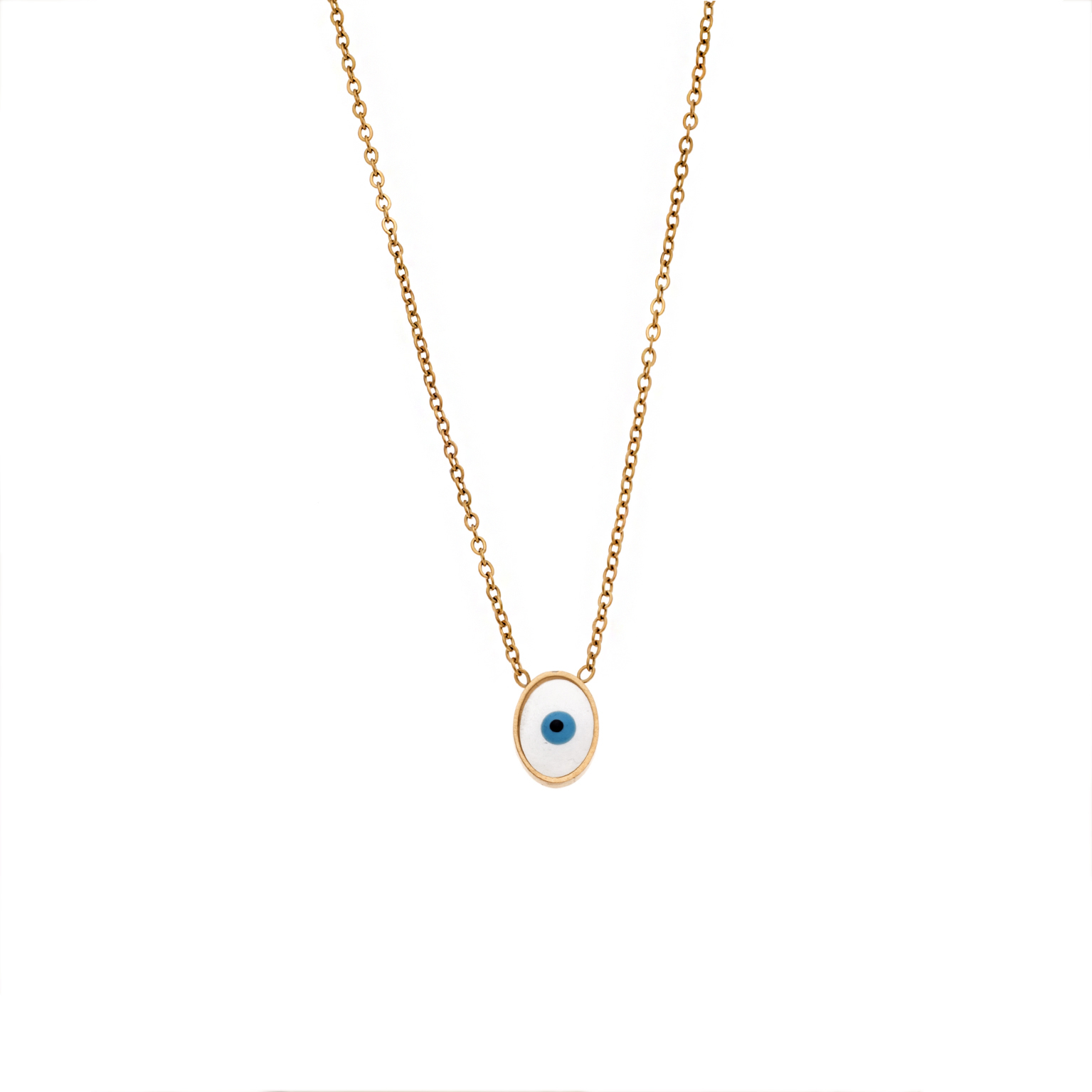 Gold evil eye pendant necklace with a blue enamel charm and adjustable chain.