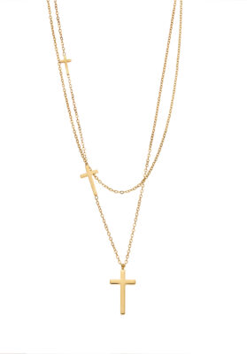 Gold cross-layered necklace with double-chain Christian pendant