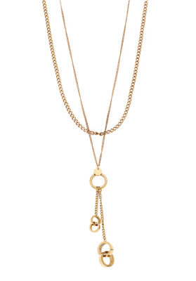 Gold layered necklace with a circular pendant and delicate chain details, perfect for elegant styling.