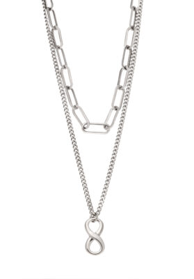 Stylish silver layered chain necklace with paperclip and curb chain design
