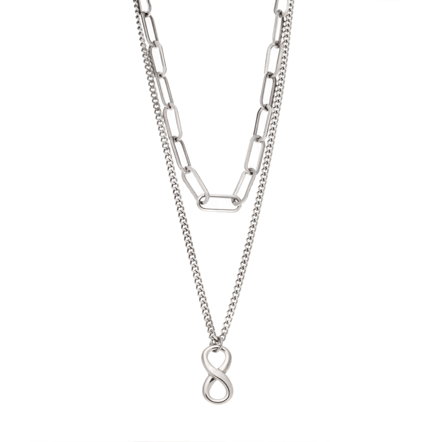 Stylish silver layered chain necklace with paperclip and curb chain design