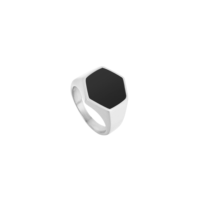 A men’s silver signet ring with a bold black onyx centerpiece, blending elegance and confidence.