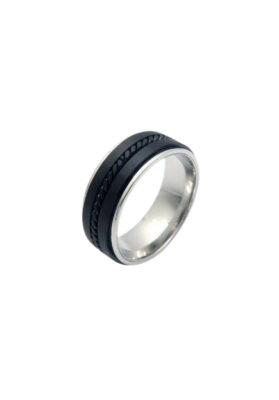 lack and silver stainless steel ring with a sleek modern design