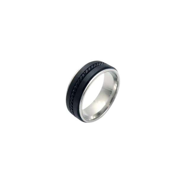 lack and silver stainless steel ring with a sleek modern design