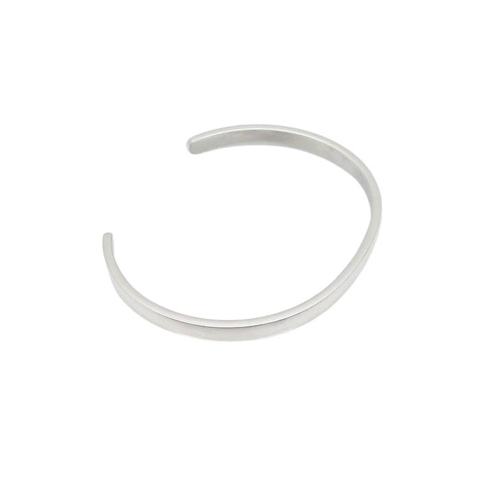 Minimalist silver cuff bracelet with a sleek, open bangle design, perfect for both men and women, casual and formal styling.