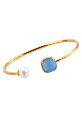 Gold open cuff bangle with a blue gemstone and pearl accent