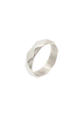 Sterling Silver Faceted Band Ring with a polished surface and modern design.