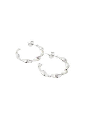 High-polish silver twisted hoop earrings with a modern spiral design