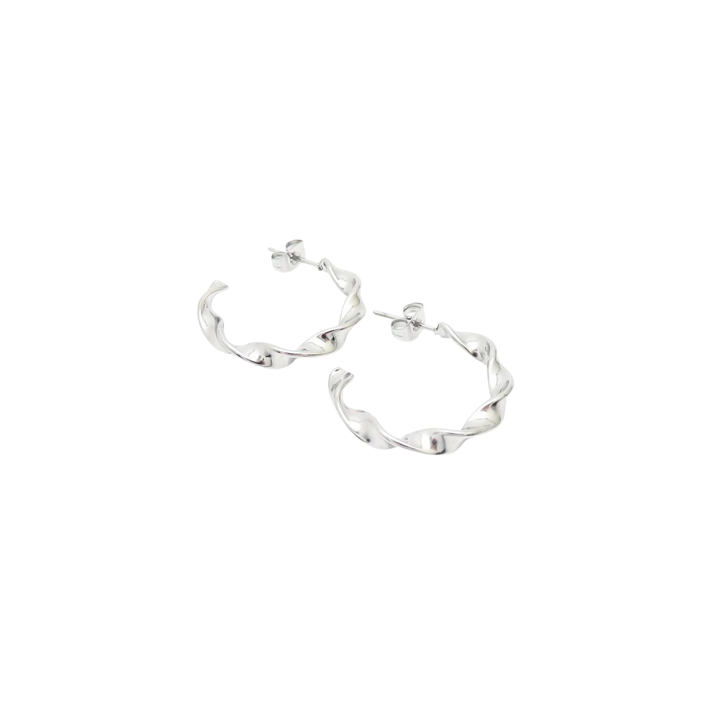 High-polish silver twisted hoop earrings with a modern spiral design