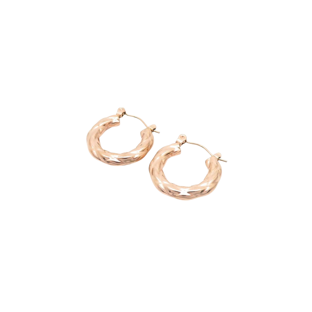 Luxurious twisted rose gold hoop earrings with a sculpted finish, perfect for a modern and timeless look.