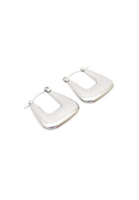 Sleek silver geometric hoop earrings with a modern polished finish