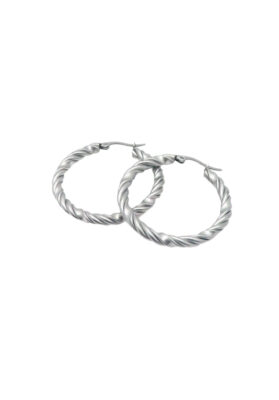 Elegant silver braided hoop earrings with a twisted rope design.
