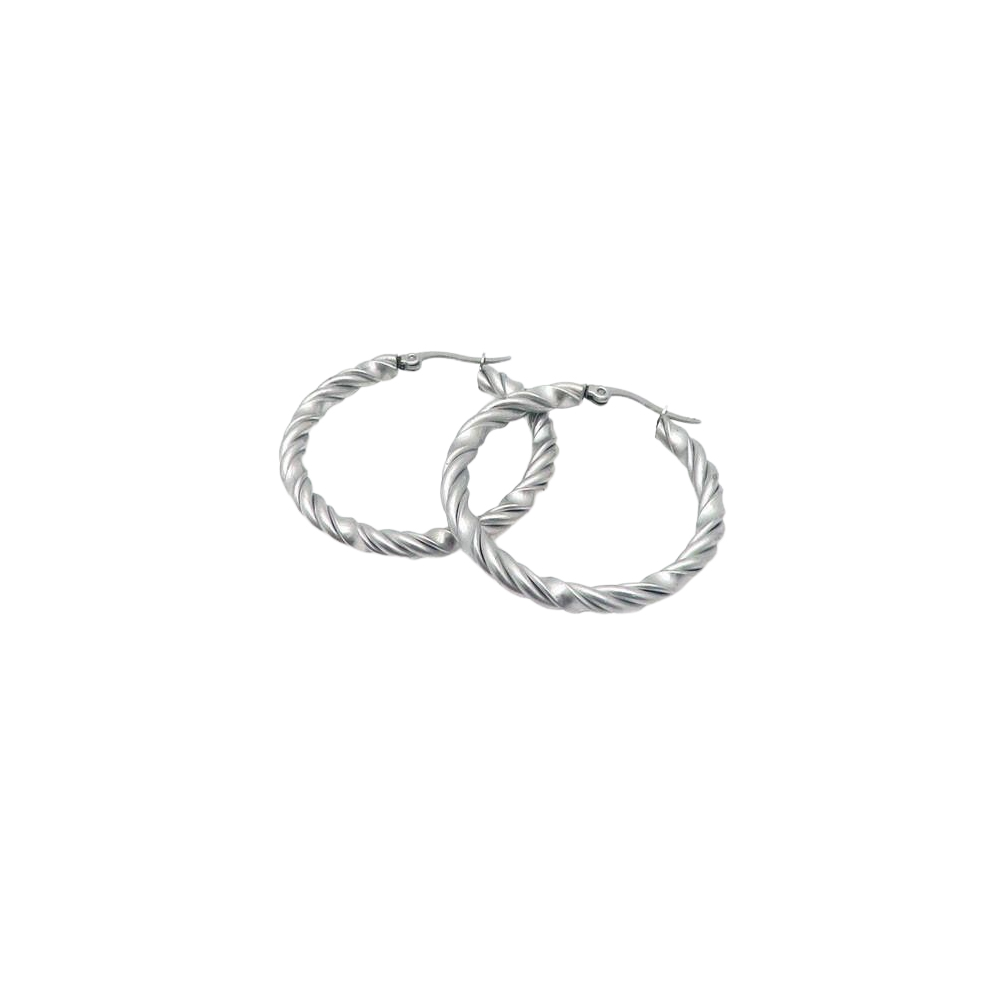 Elegant silver braided hoop earrings with a twisted rope design.