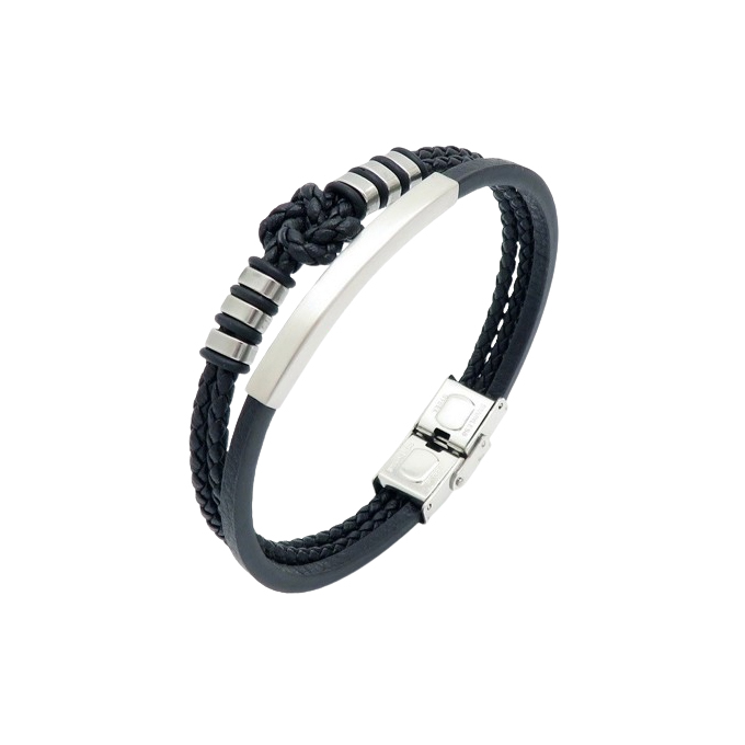 Men’s braided leather and stainless steel bracelet with metal accents and a secure clasp