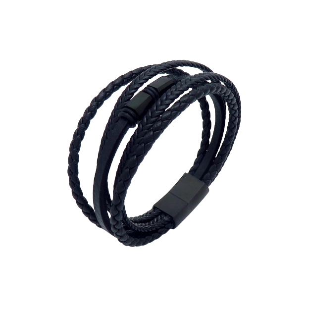 Men's black multi-layer braided leather bracelet with a secure magnetic clasp