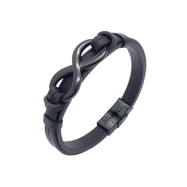 Men’s black leather bracelet with infinity symbol charm and secure clasp.