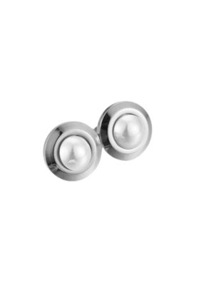 Silver stud earrings featuring a smooth, luminous pearl set in a polished silver frame.