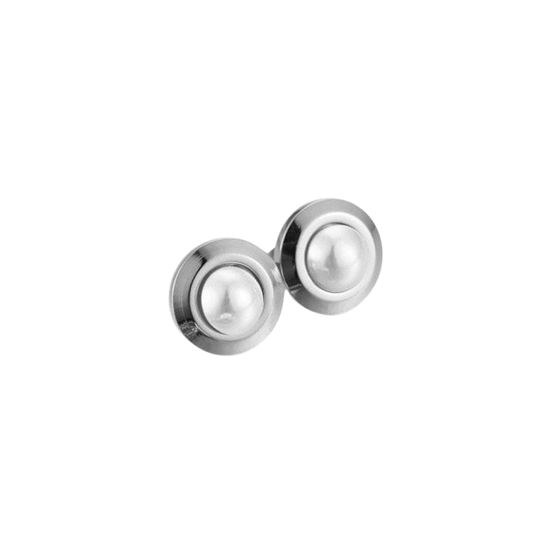 Silver stud earrings featuring a smooth, luminous pearl set in a polished silver frame.