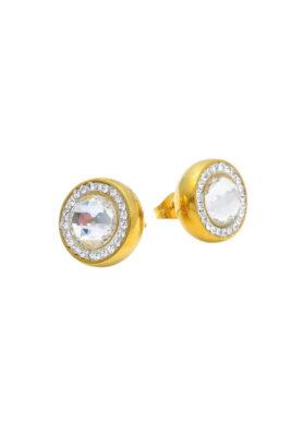 Gold stud earrings featuring a brilliant round crystal center with a halo of sparkling stones