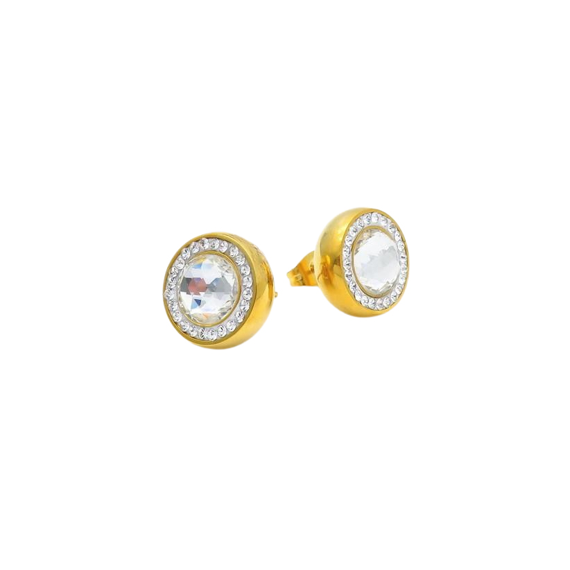 Gold stud earrings featuring a brilliant round crystal center with a halo of sparkling stones