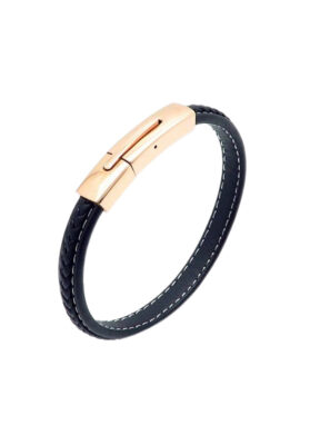 Men’s black leather bracelet with a polished rose gold clasp and elegant stitching details