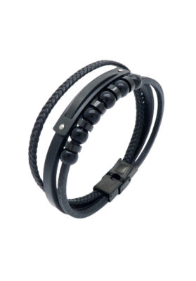Men's black leather bracelet with braided details, matte black beads, and a secure magnetic clasp