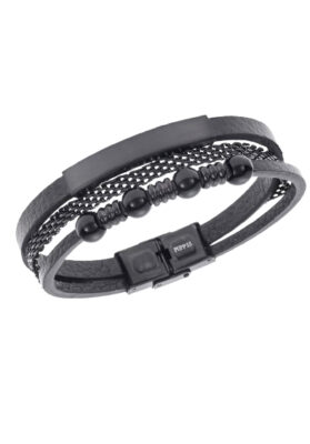 Men's black multi-layer leather bracelet with black matte beads, stainless steel accents, and a secure magnetic clasp
