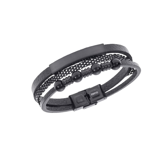 Men's black multi-layer leather bracelet with black matte beads, stainless steel accents, and a secure magnetic clasp
