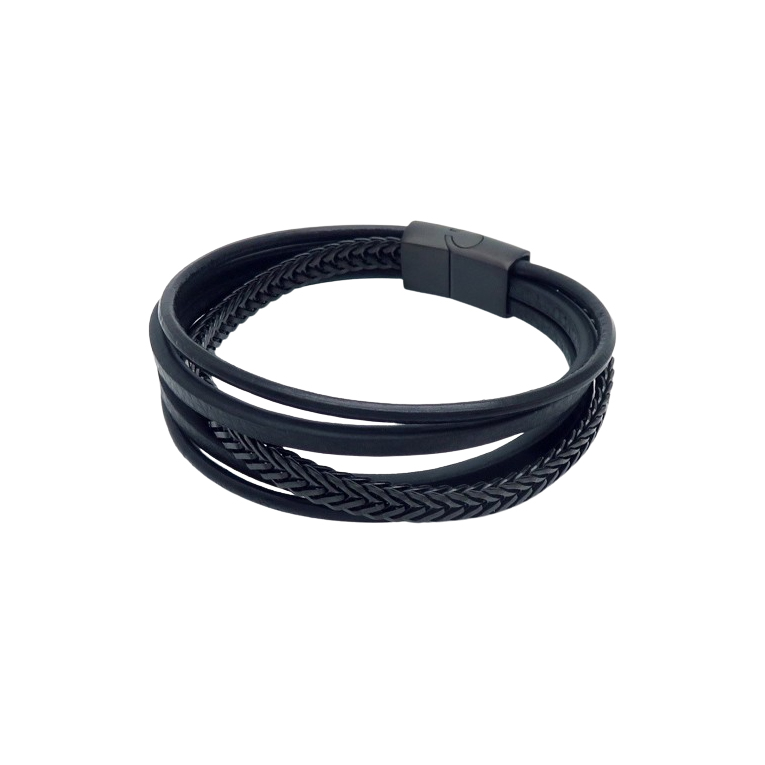 Men's black leather multi-layer bracelet with a secure magnetic clasp