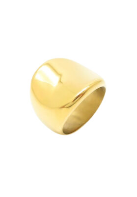 Bold gold-tone unisex ring made of stainless steel with a modern, chunky design.