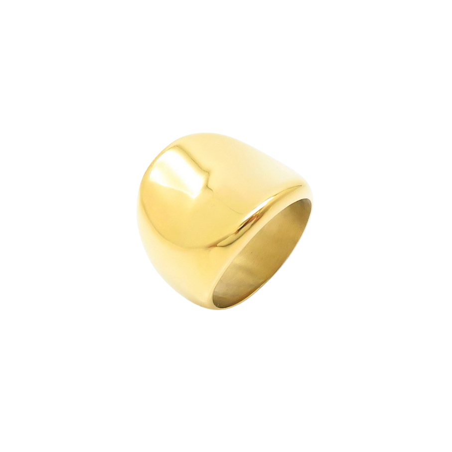 Bold gold-tone unisex ring made of stainless steel with a modern, chunky design.
