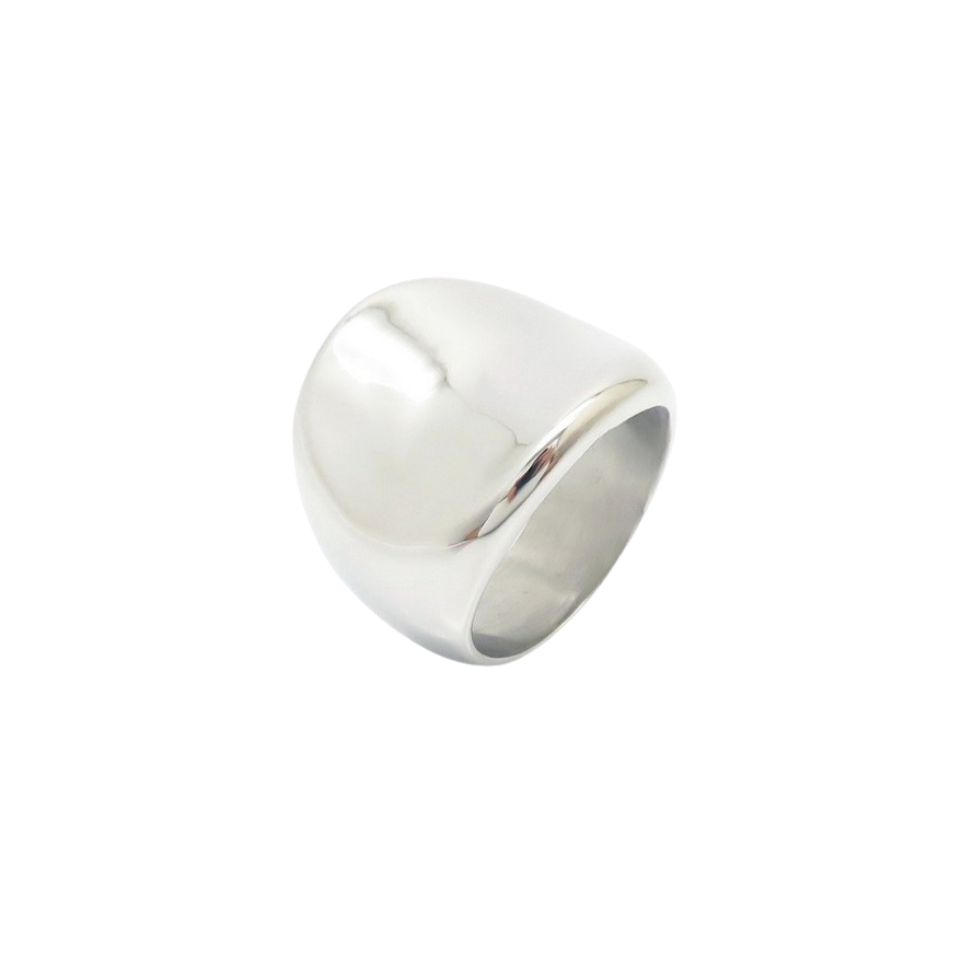 Bold silver ring made of stainless steel with a modern, edgy design.