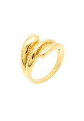 Thin gold-tone unisex ring with a stylish twist at the top, crafted from stainless steel.