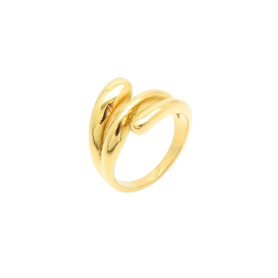Thin gold-tone unisex ring with a stylish twist at the top, crafted from stainless steel.