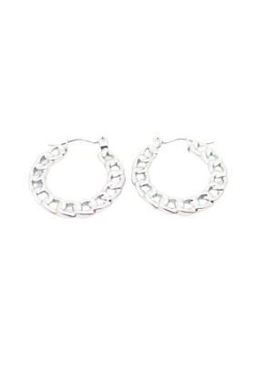 Silver chain link hoop earrings with a polished finish and secure latch-back closure.