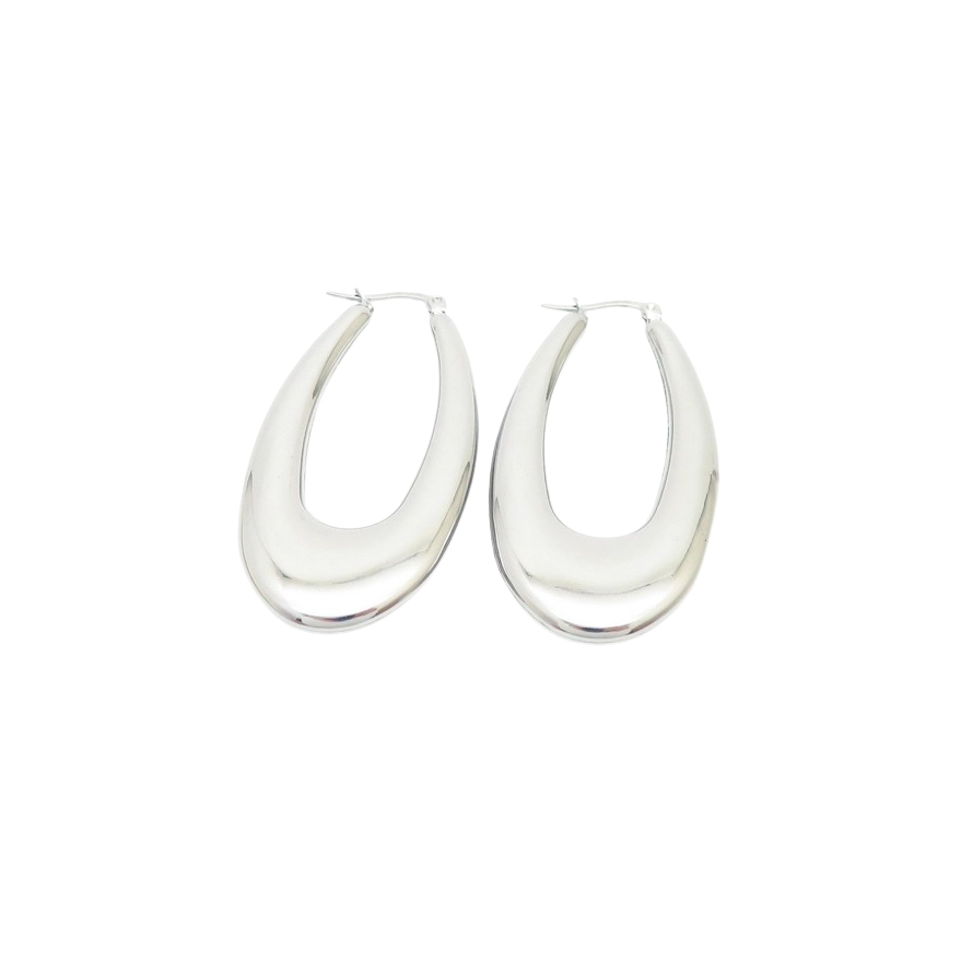 Silver teardrop hoop earrings with a polished finish and secure latch-back closure