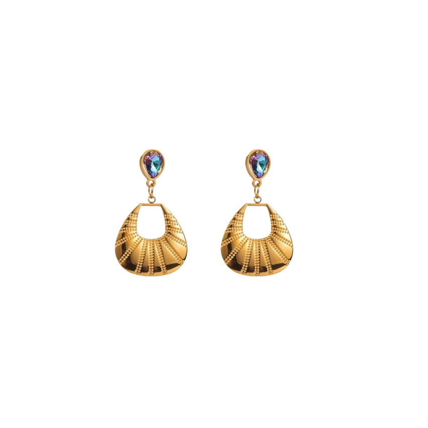 Gold dangle earrings with intricate detailing and a shimmering teardrop crystal accent