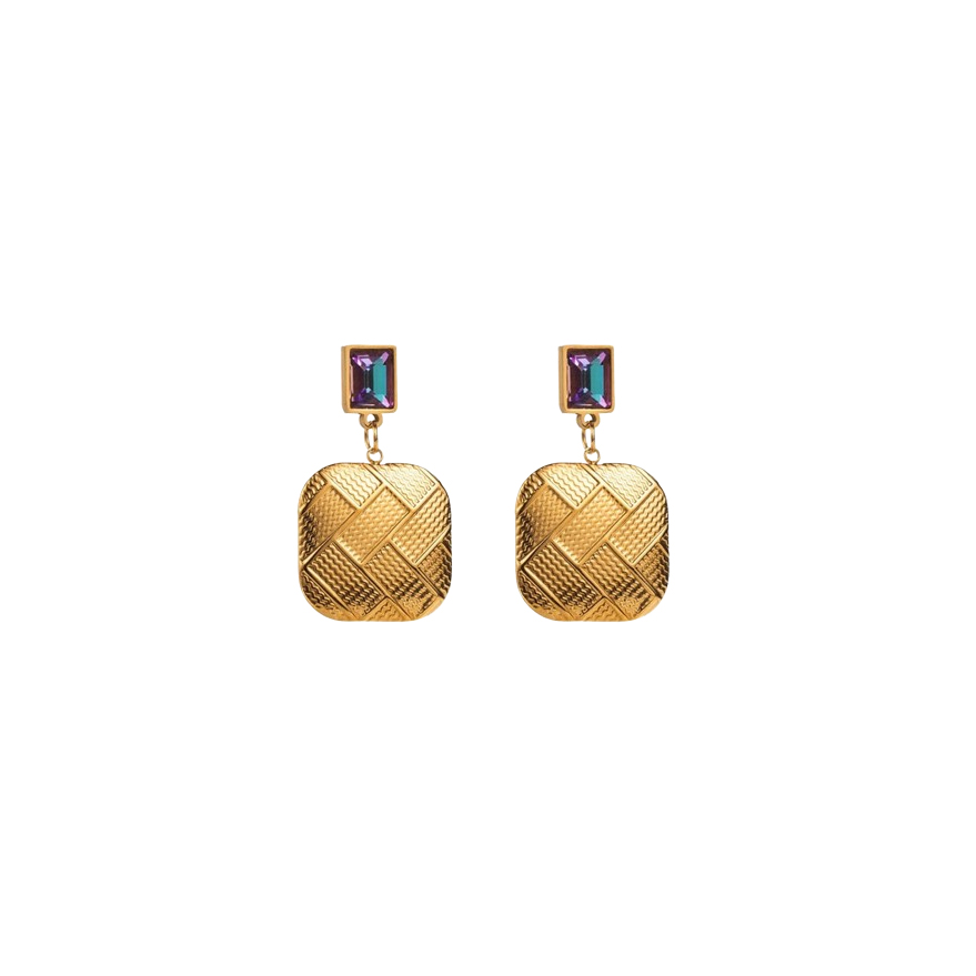 Gold textured dangle earrings with a woven pattern and a rectangular crystal accent