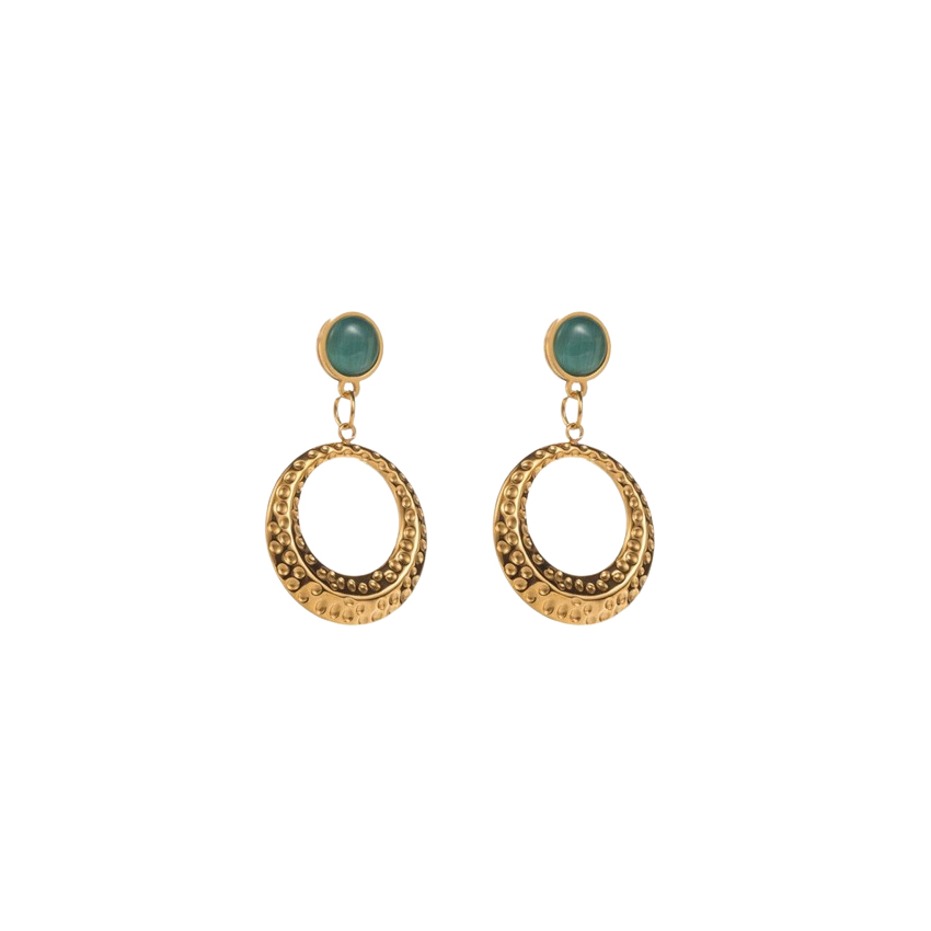 Gold dangle earrings featuring a textured circular design and a vibrant green stone accent