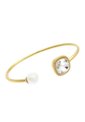 Gold-plated open bracelet featuring a pearl and a sparkling crystal accent.