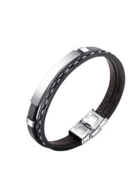 Black leather bracelet with polished steel accents and intricate stitching details