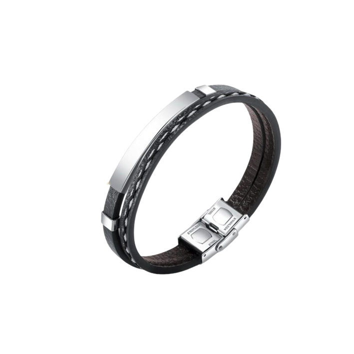 Black leather bracelet with polished steel accents and intricate stitching details