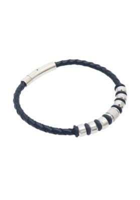 Black braided leather bracelet with silver bead accents and a magnetic clasp
